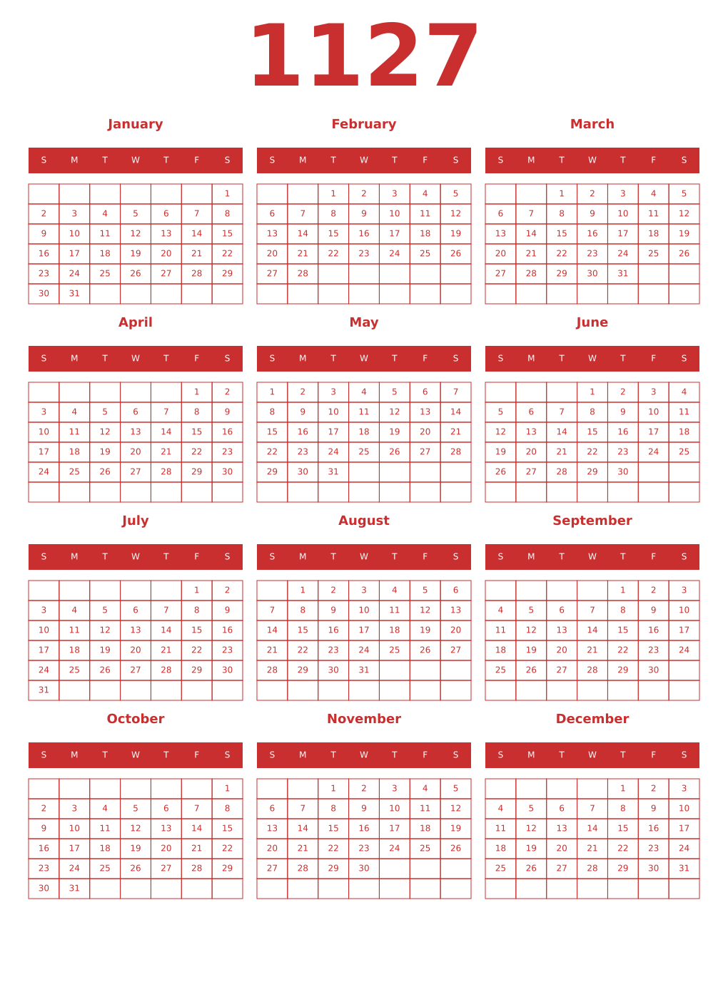 Printable 1127 Year Calendars red
