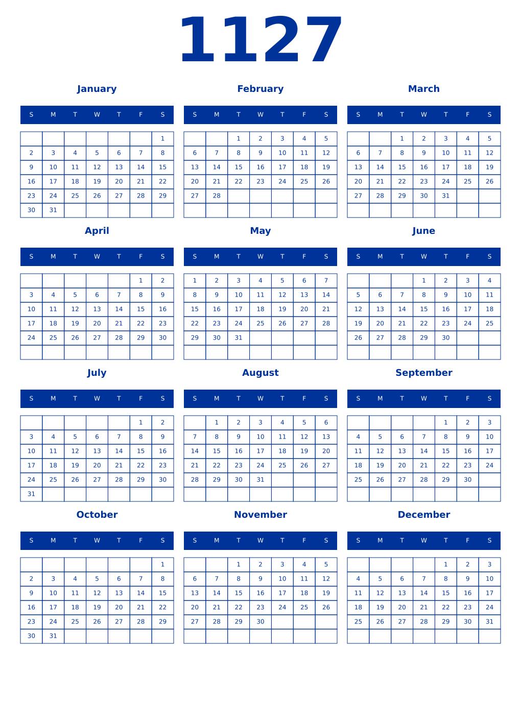 Printable 1127 Year Calendars smalt