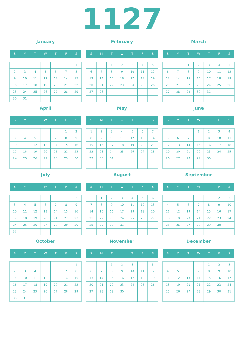 Printable 1127 Year Calendars verdigris