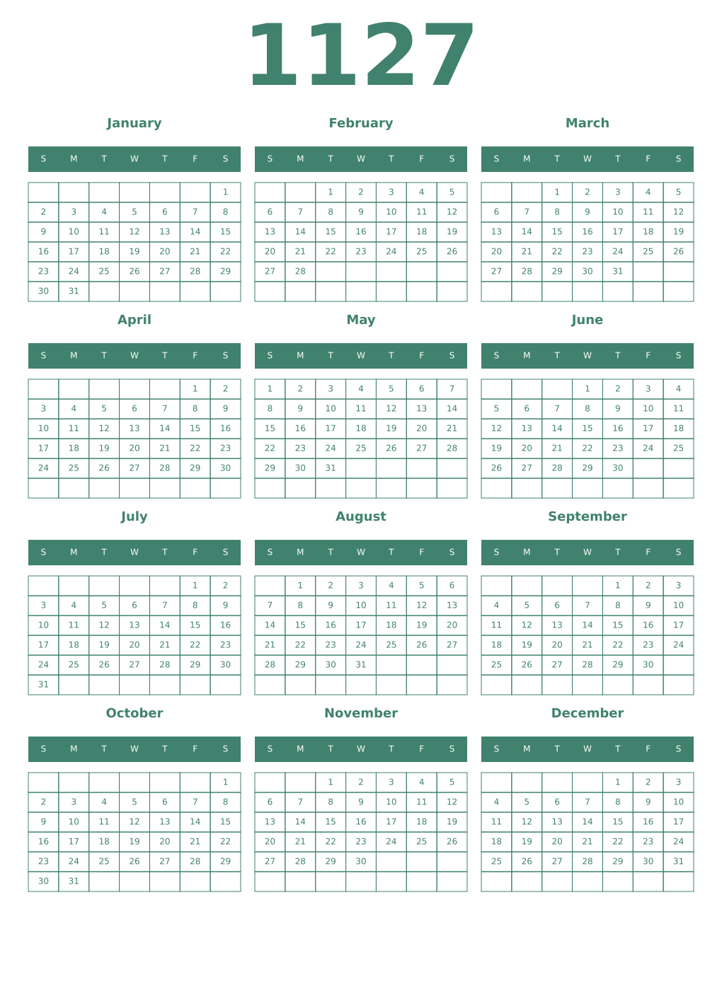 Printable 1127 Year Calendars viridian