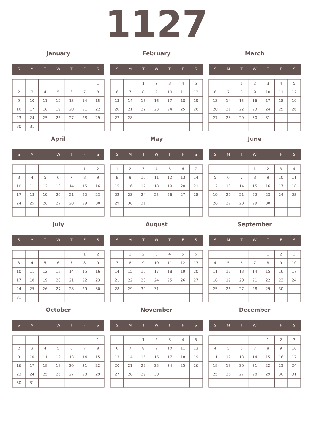 Printable 1127 Year Calendars wenge