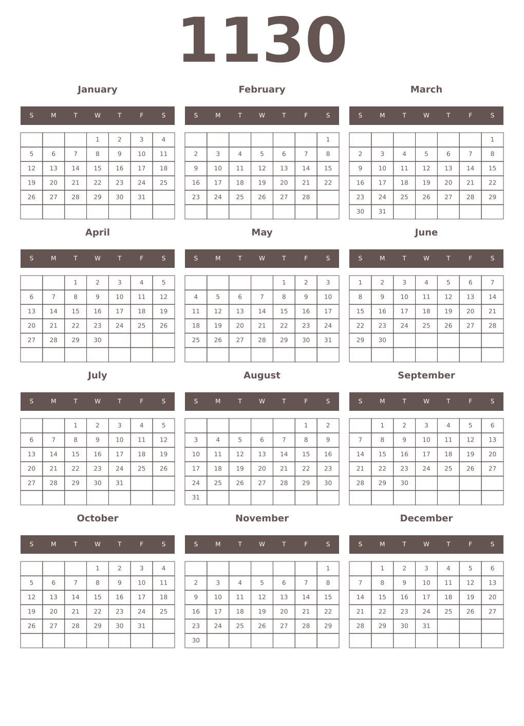 Printable 1130 Year Calendars wenge