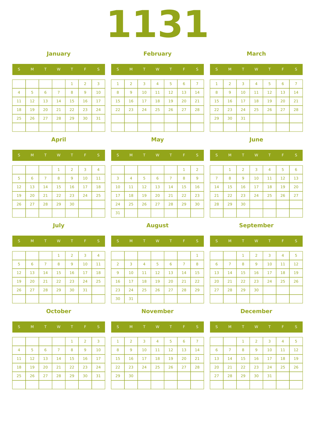 Printable 1131 Year Calendars chartreuse