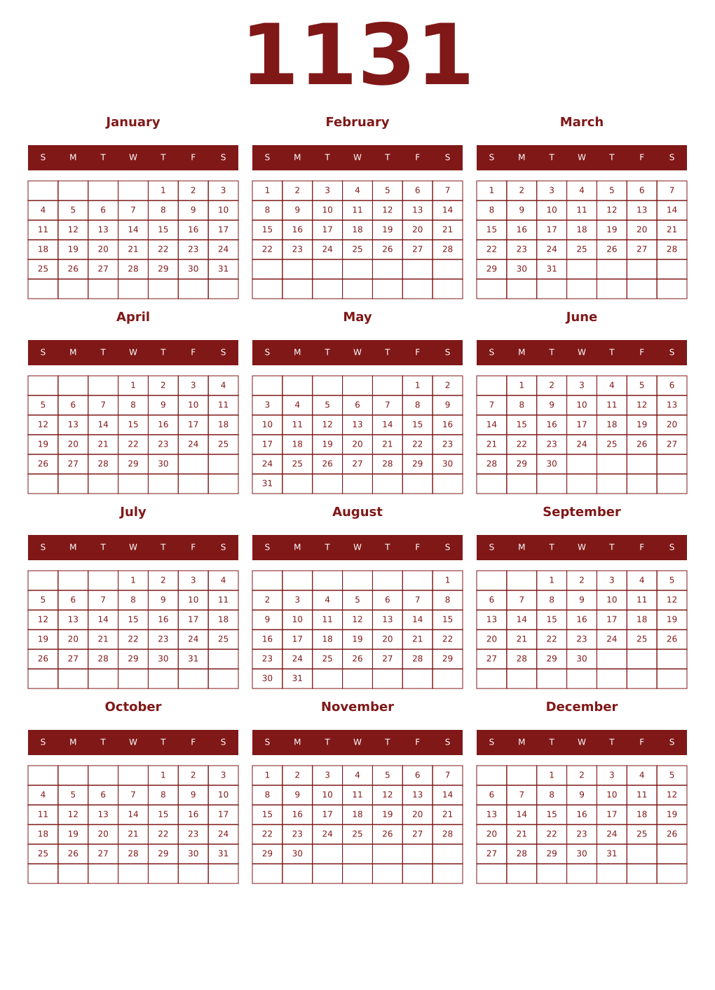 Printable 1131 Year Calendars falu