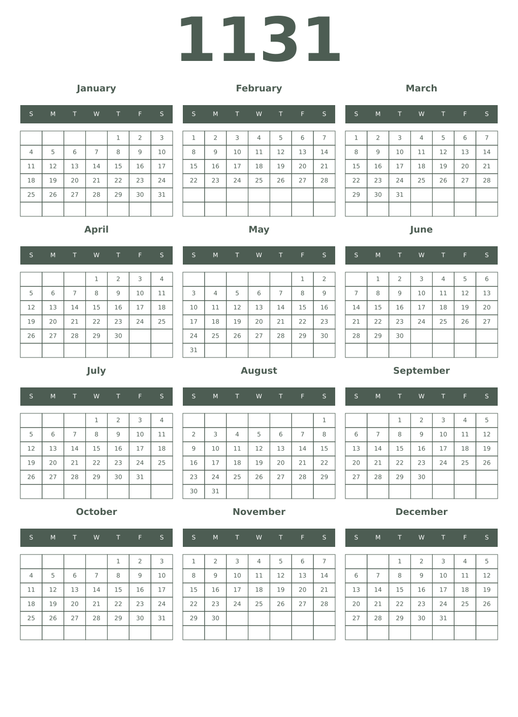 Printable 1131 Year Calendars feldgrau