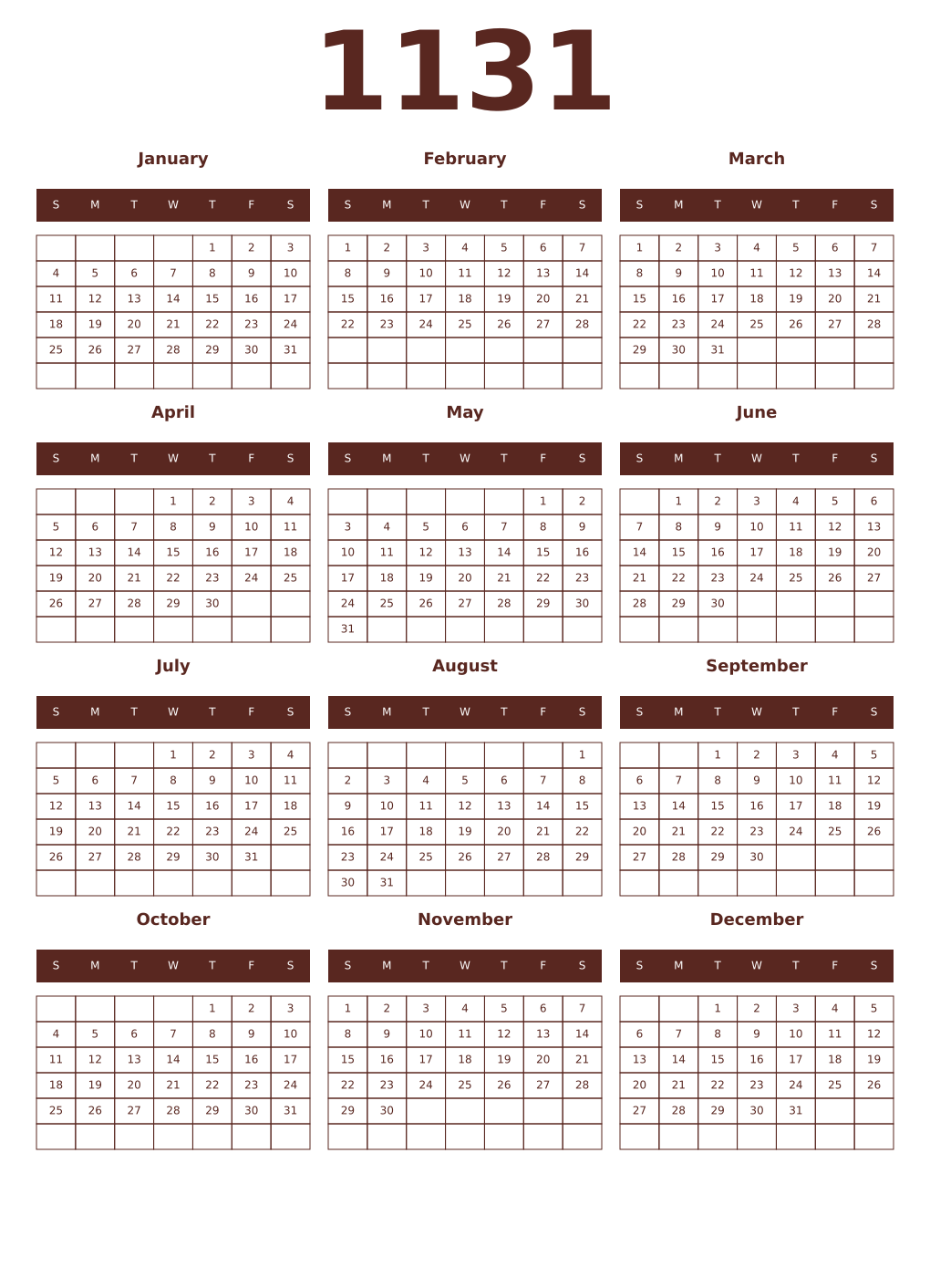 Printable 1131 Year Calendars mortuum