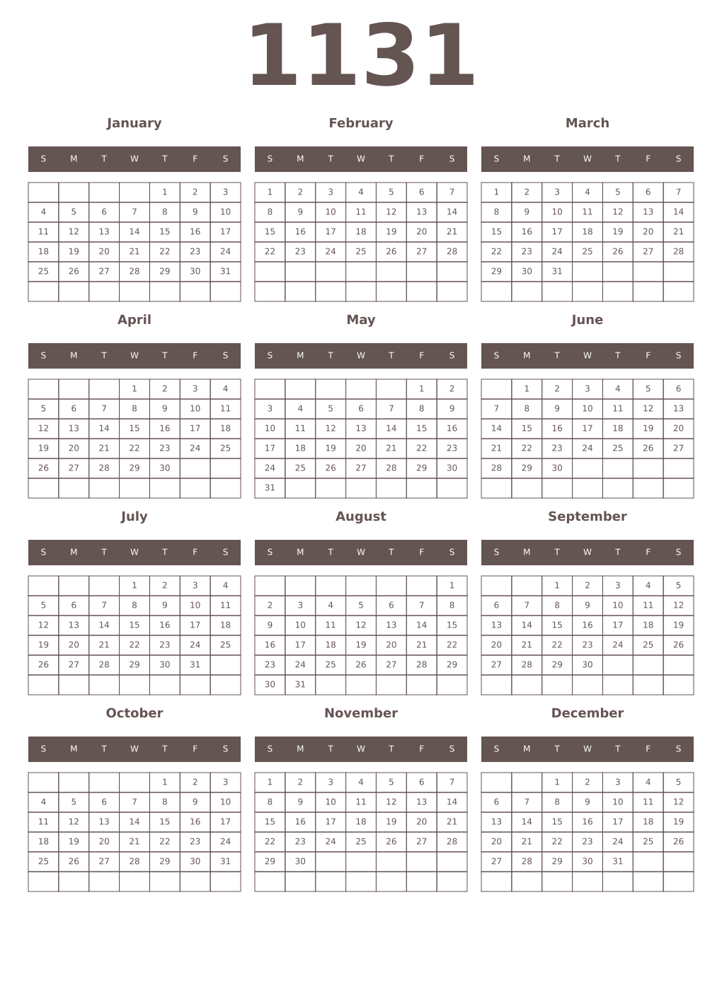 Printable 1131 Year Calendars wenge
