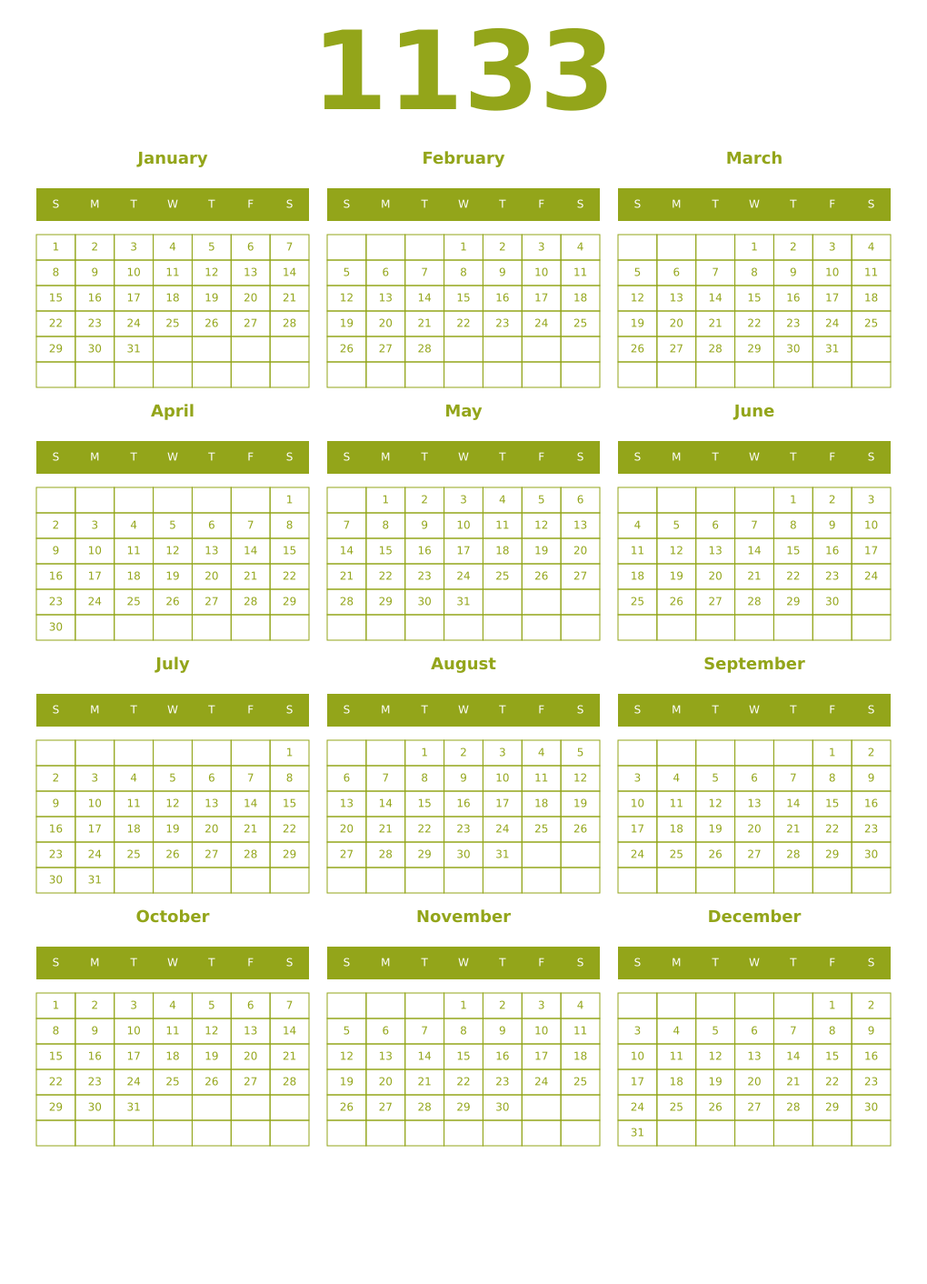 Printable 1133 Year Calendars chartreuse