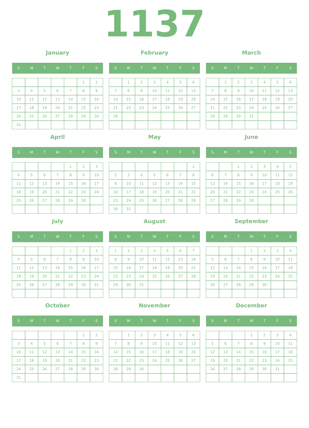 Printable 1137 Year Calendars celadon
