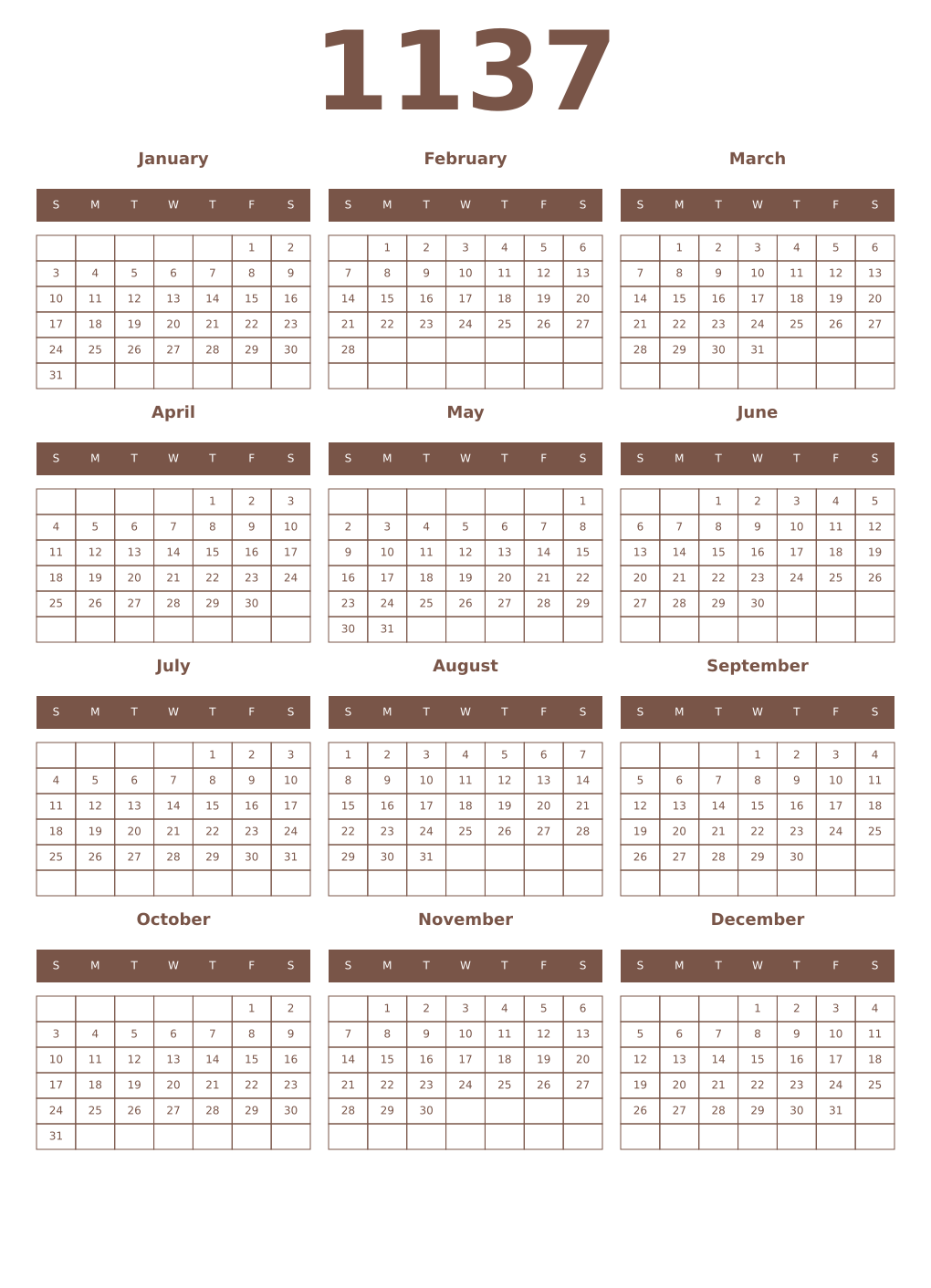 Printable 1137 Year Calendars coffe