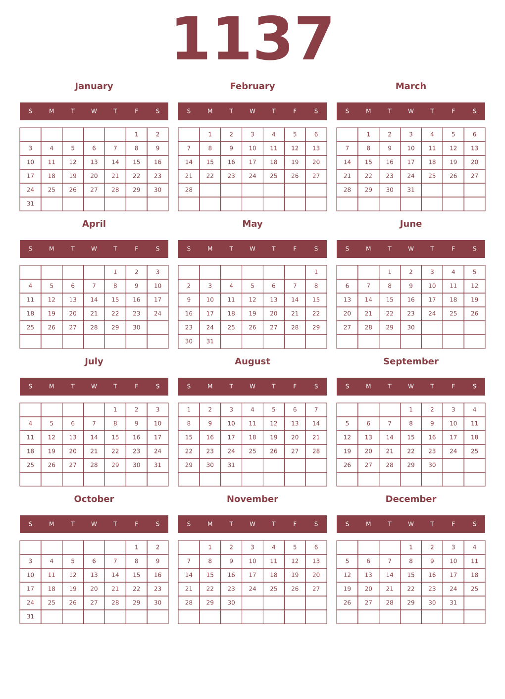 Printable 1137 Year Calendars cordovan