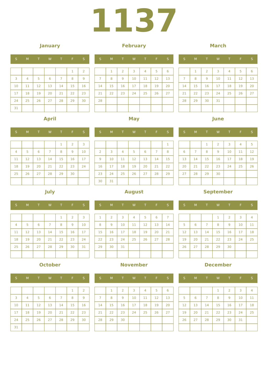 Printable 1137 Year Calendars eburnean