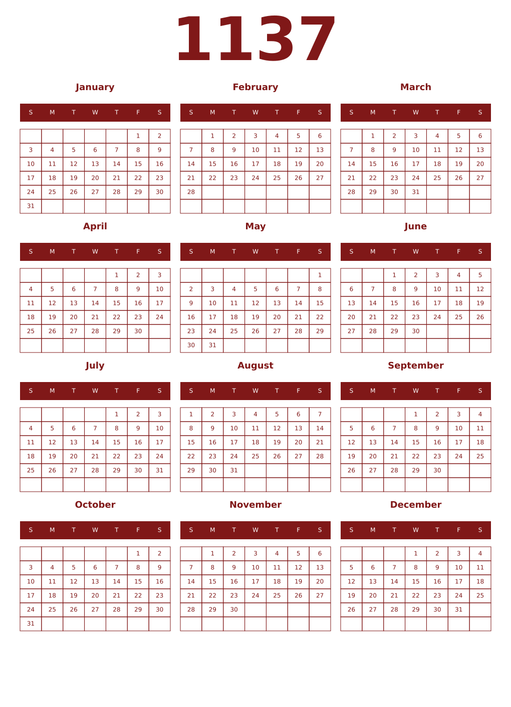 Printable 1137 Year Calendars falu