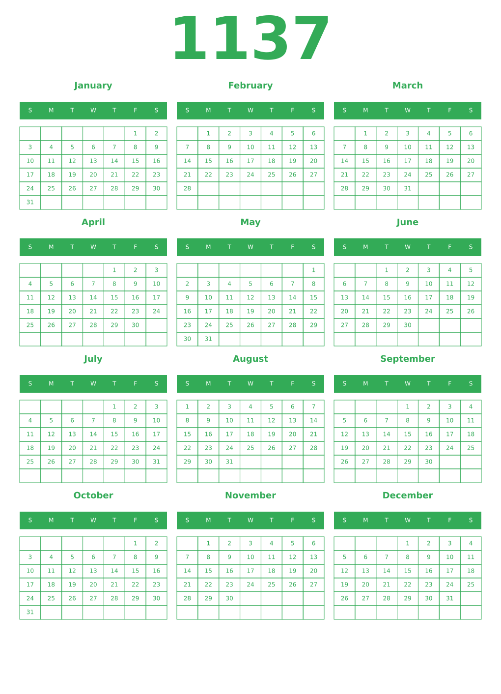 Printable 1137 Year Calendars green