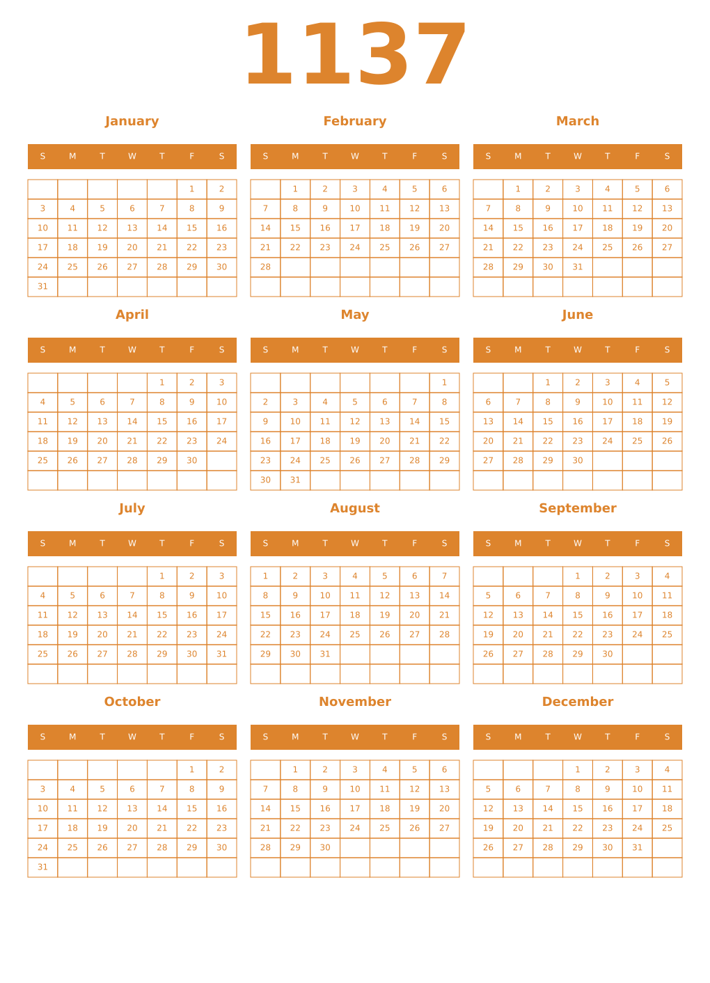 Printable 1137 Year Calendars orange