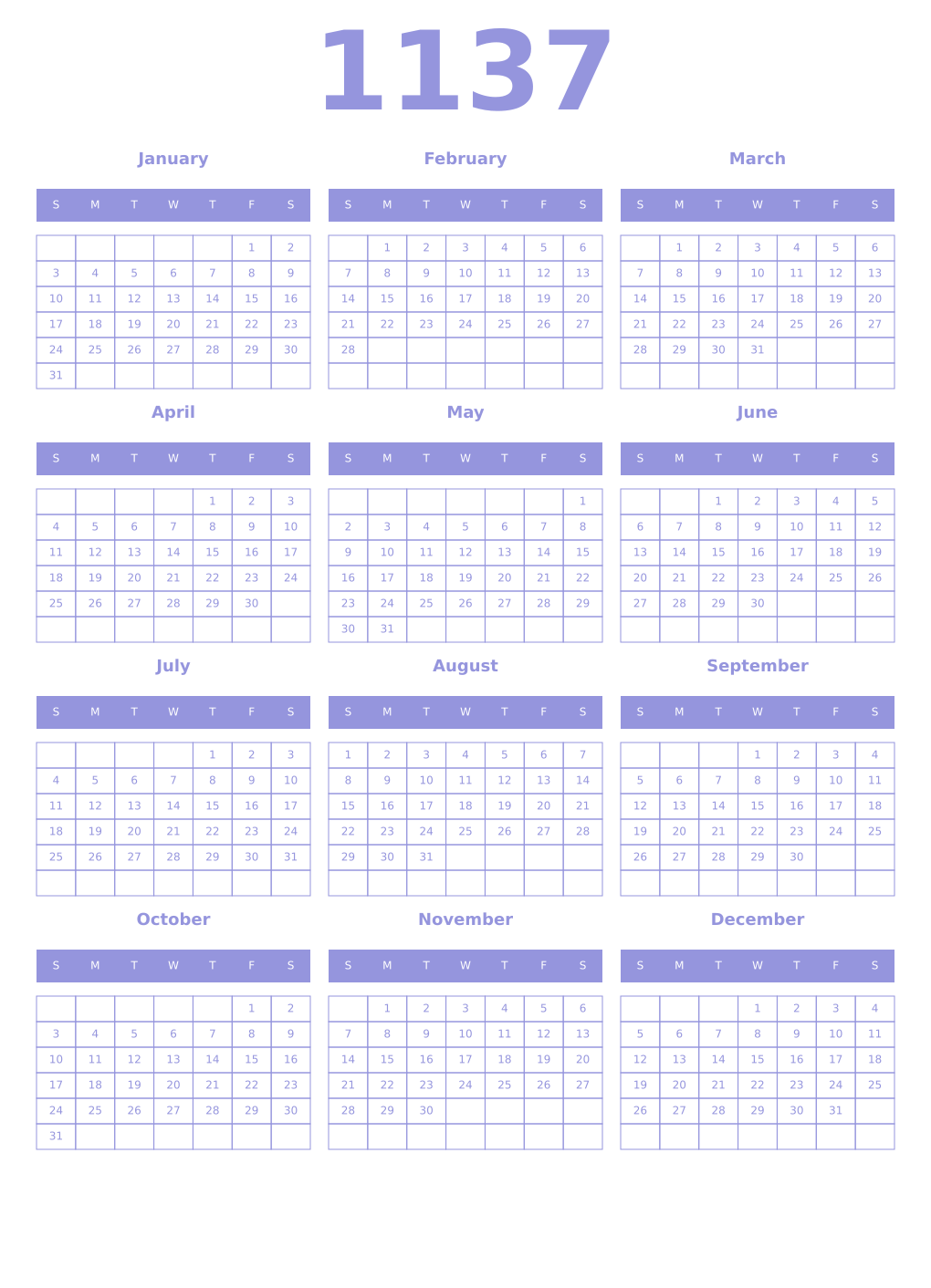 Printable 1137 Year Calendars periwinkle