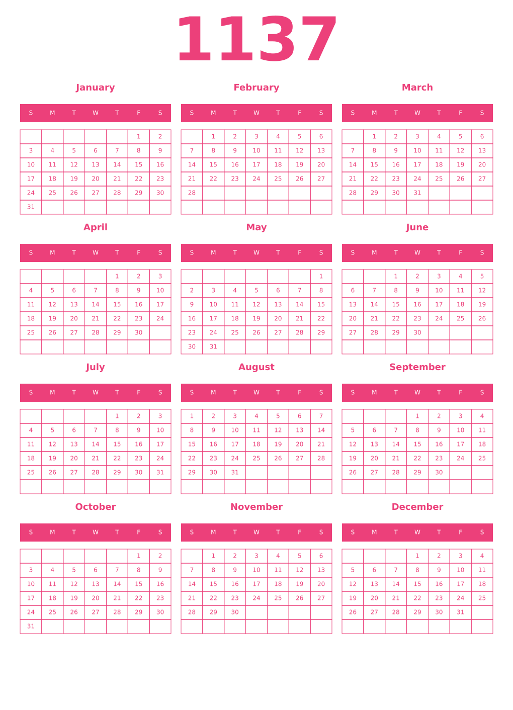 Printable 1137 Year Calendars pink