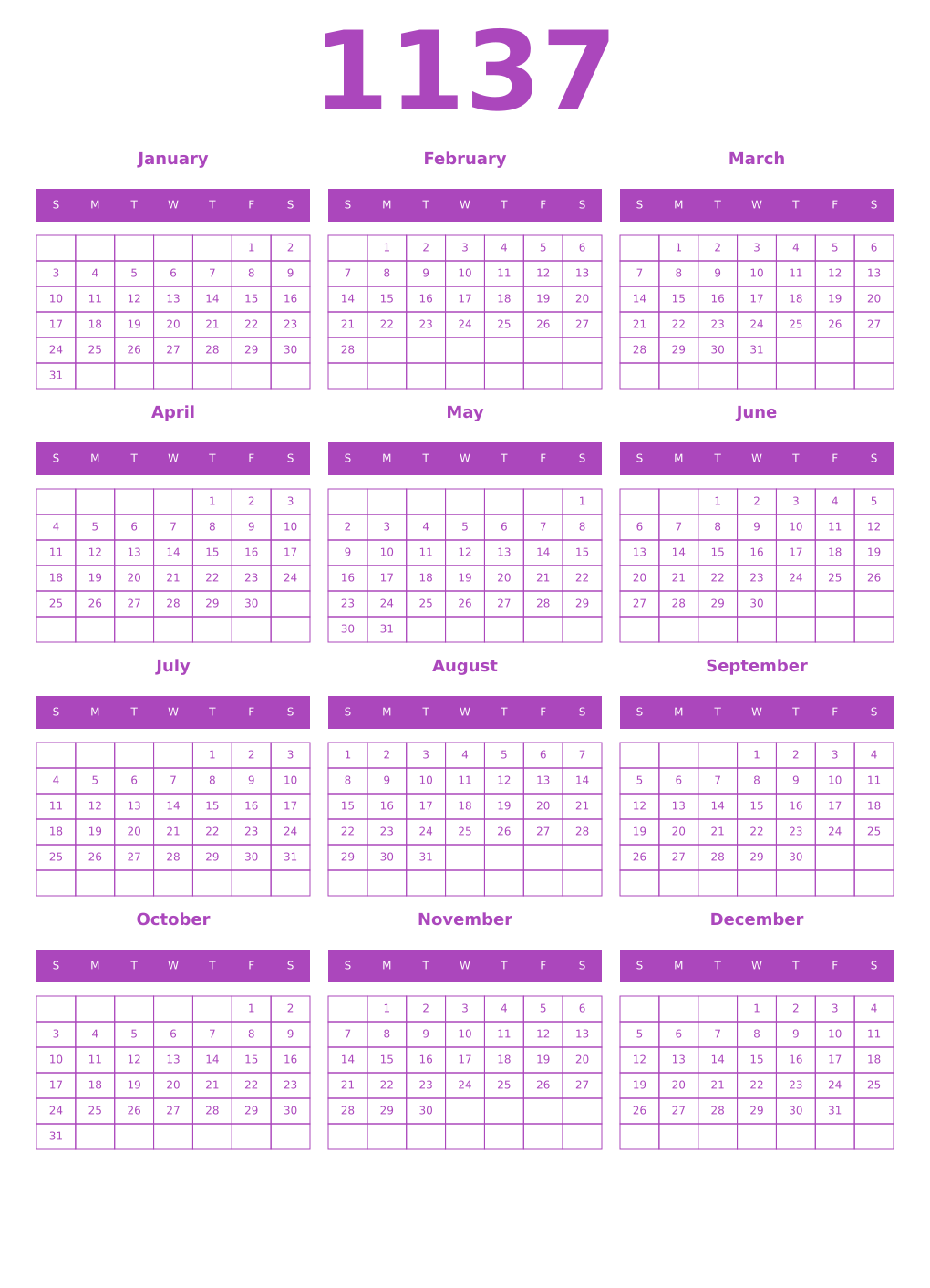 Printable 1137 Year Calendars purple