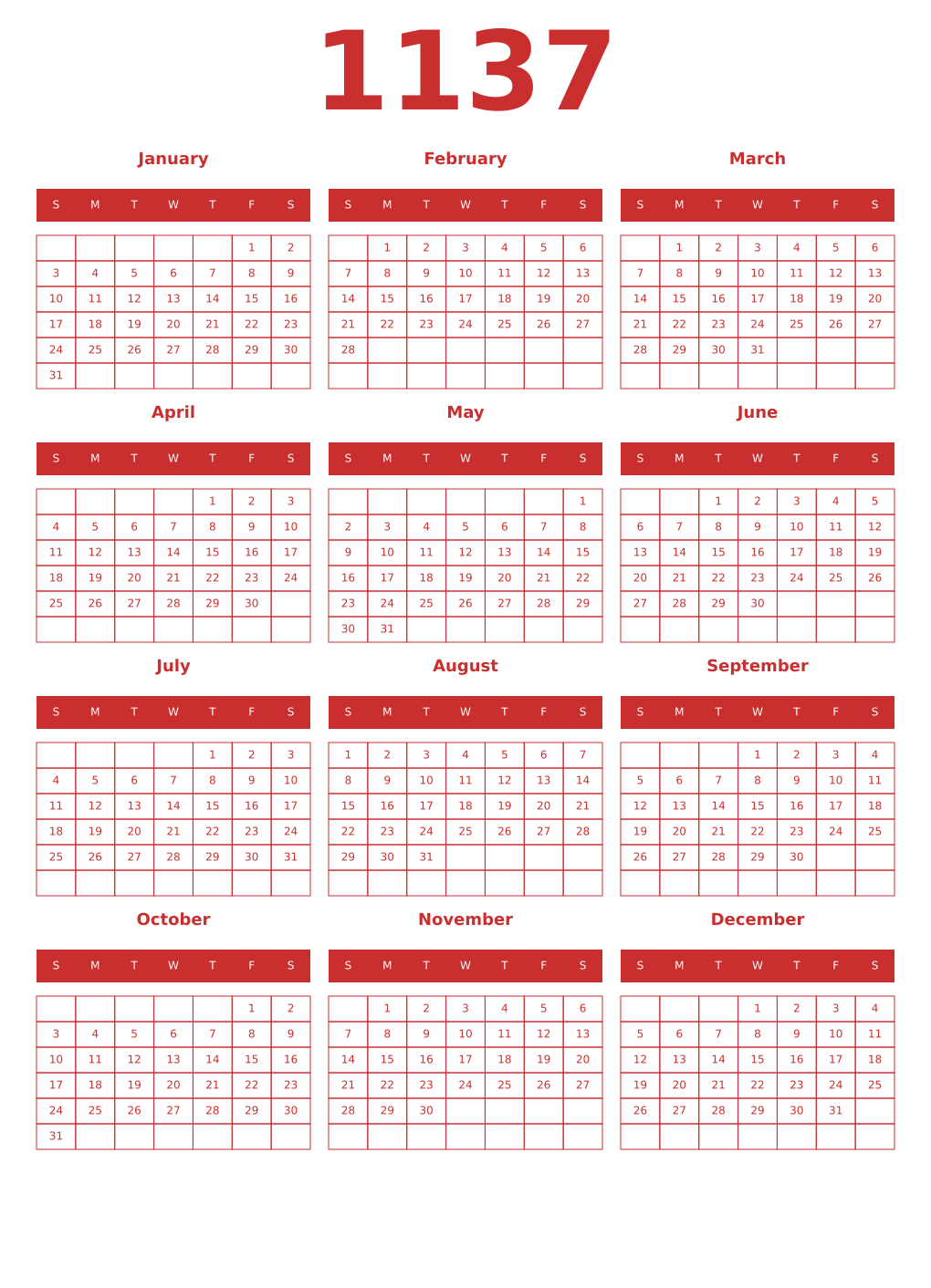 Printable 1137 Year Calendars red