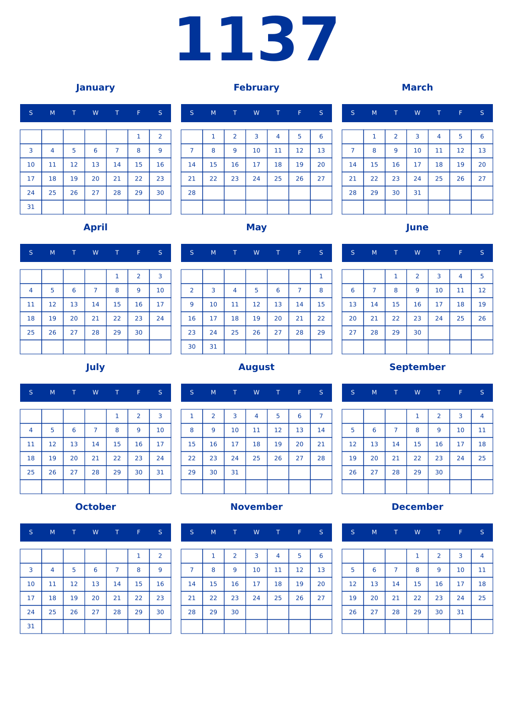 Printable 1137 Year Calendars smalt