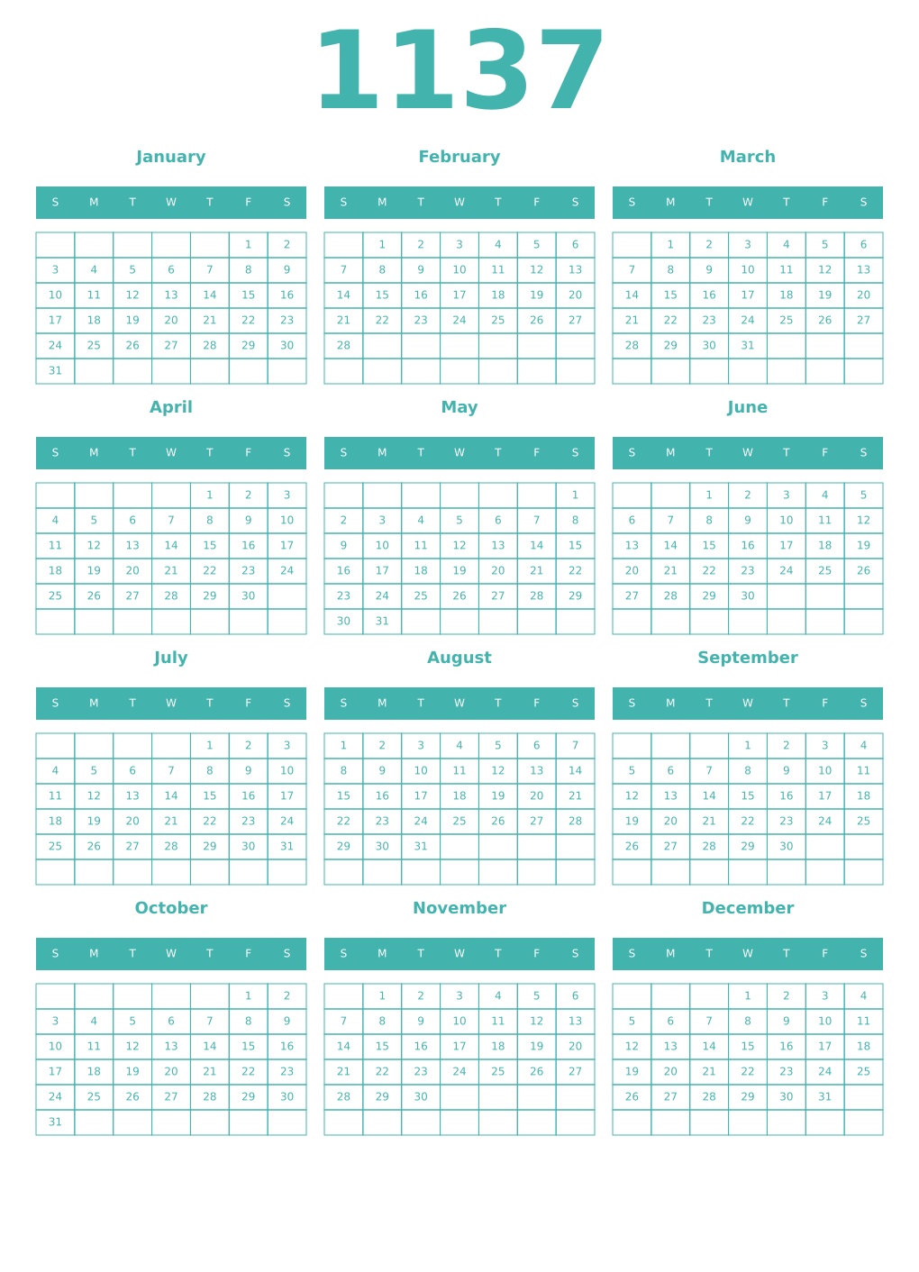 Printable 1137 Year Calendars verdigris