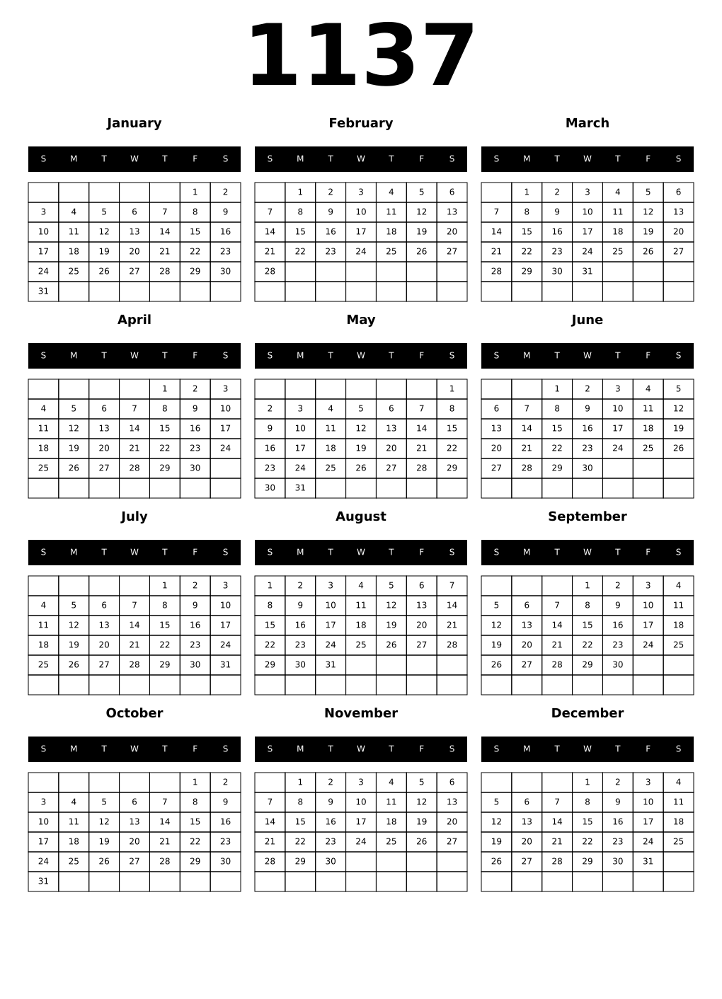 Printable 1137 Calendars