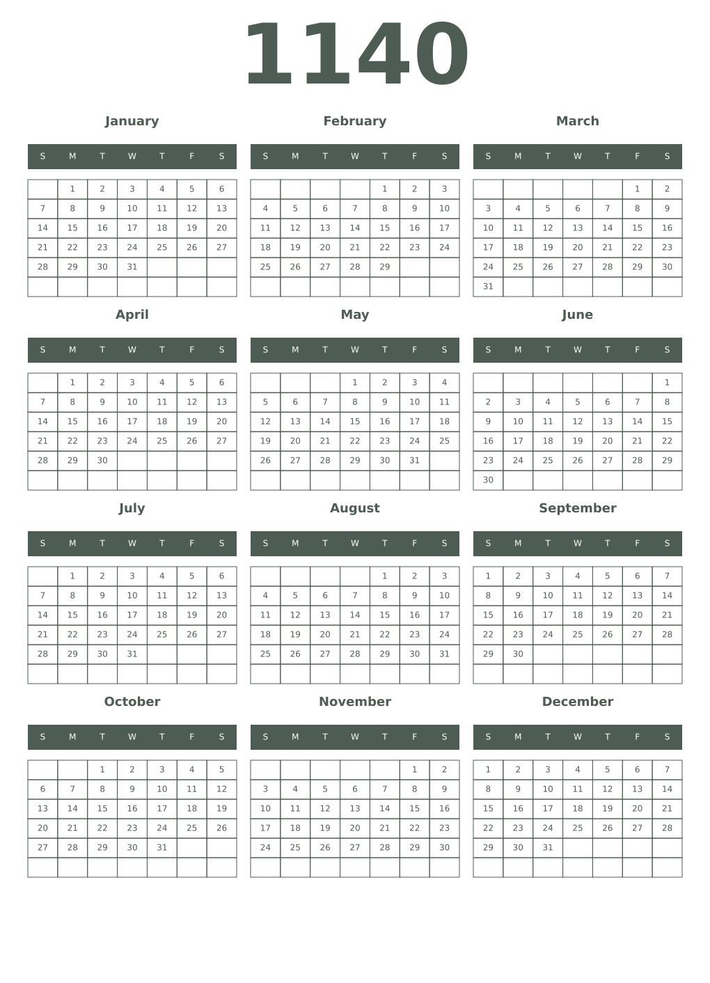 Printable 1140 Year Calendars feldgrau