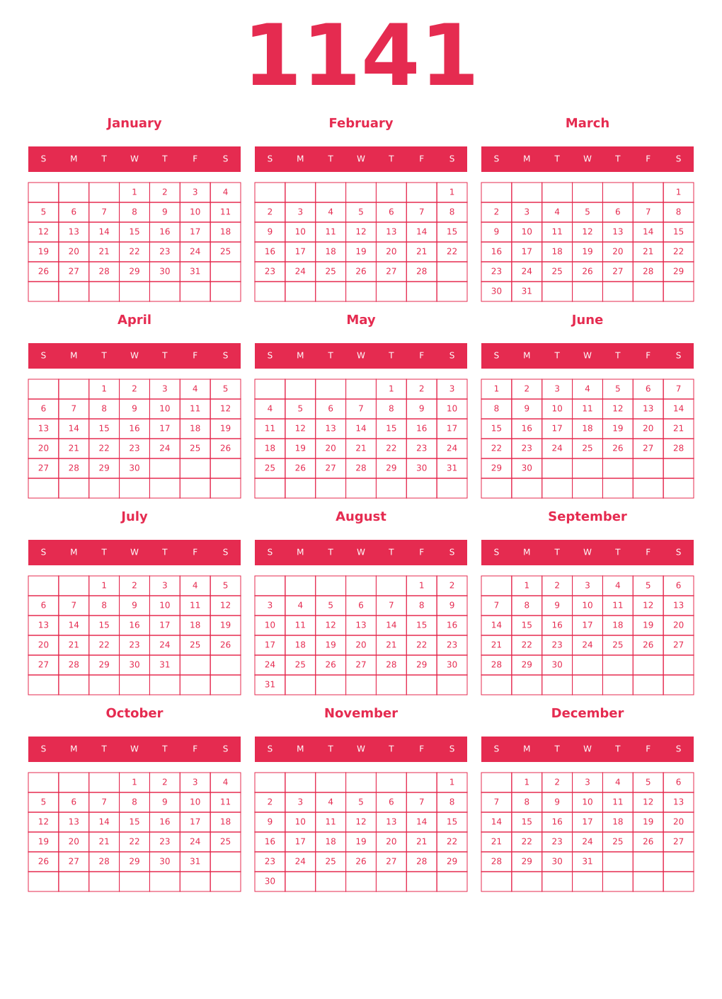 Printable 1141 Year Calendars amaranth