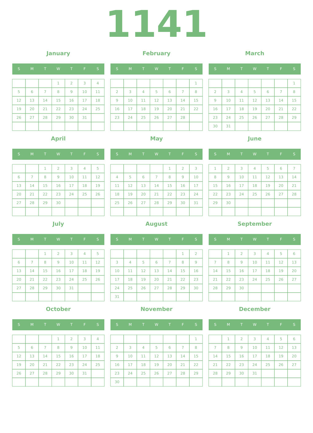 Printable 1141 Year Calendars celadon
