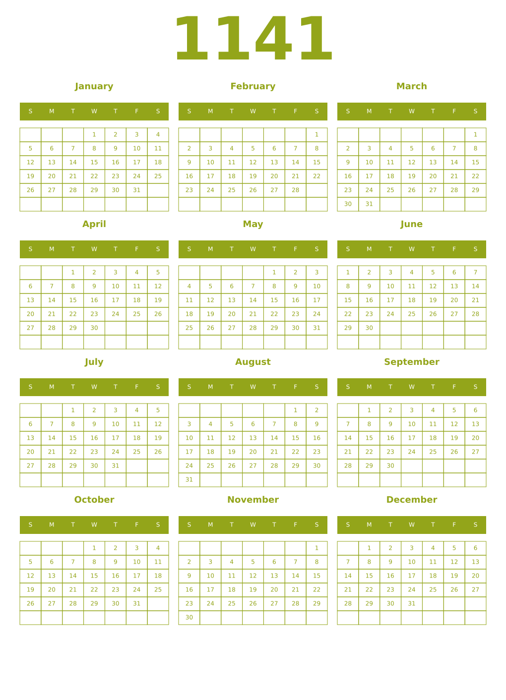 Printable 1141 Year Calendars chartreuse