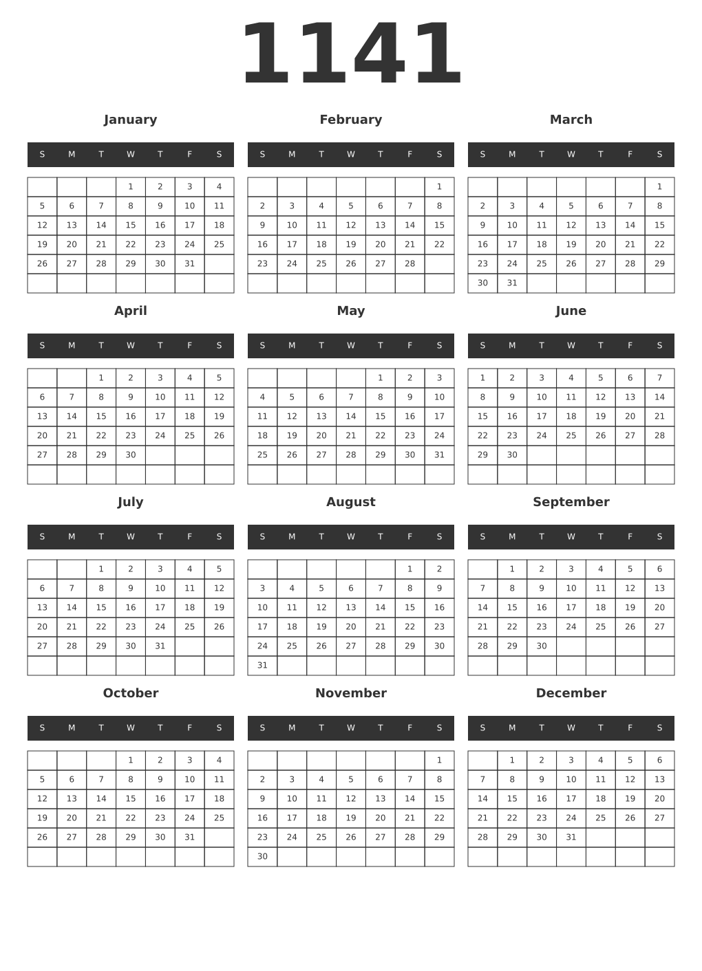 Printable 1141 Year Calendars dark