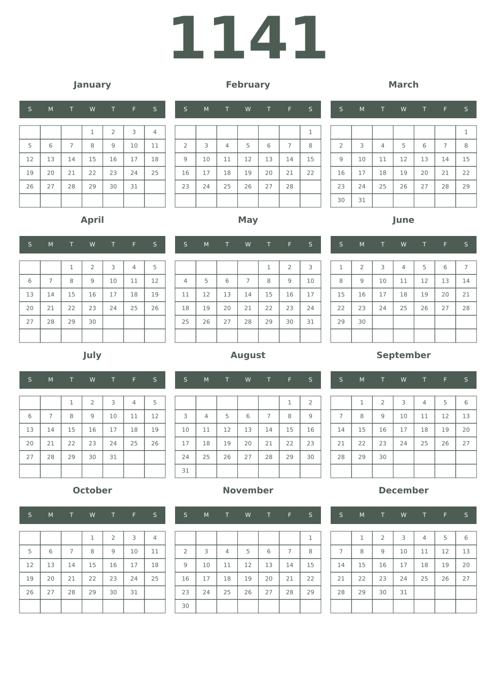 Printable 1141 Year Calendars feldgrau