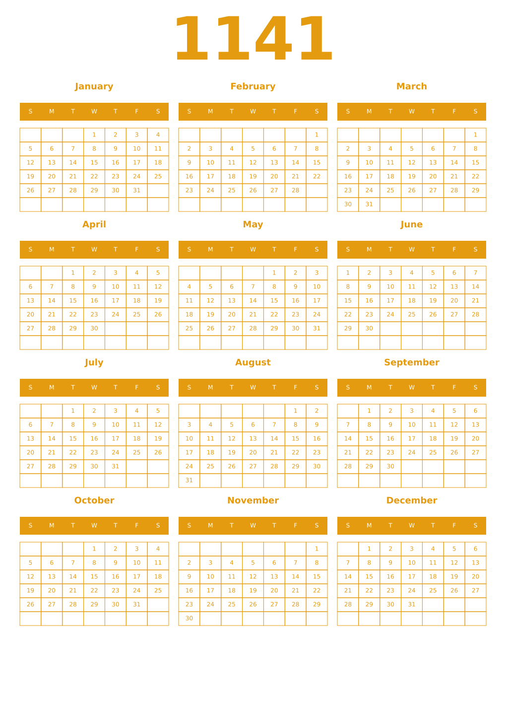 Printable 1141 Year Calendars gamboge