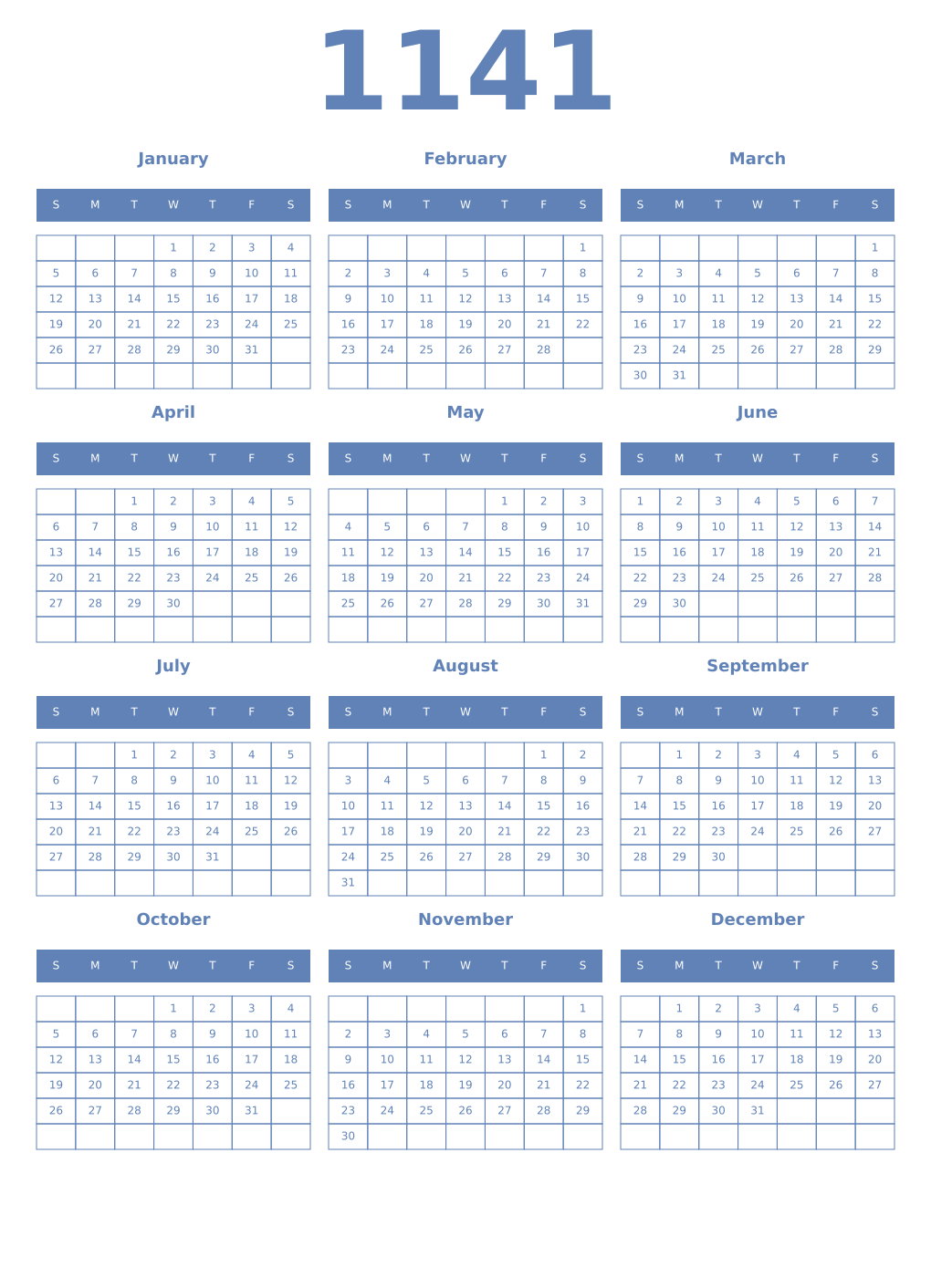 Printable 1141 Year Calendars glaucous