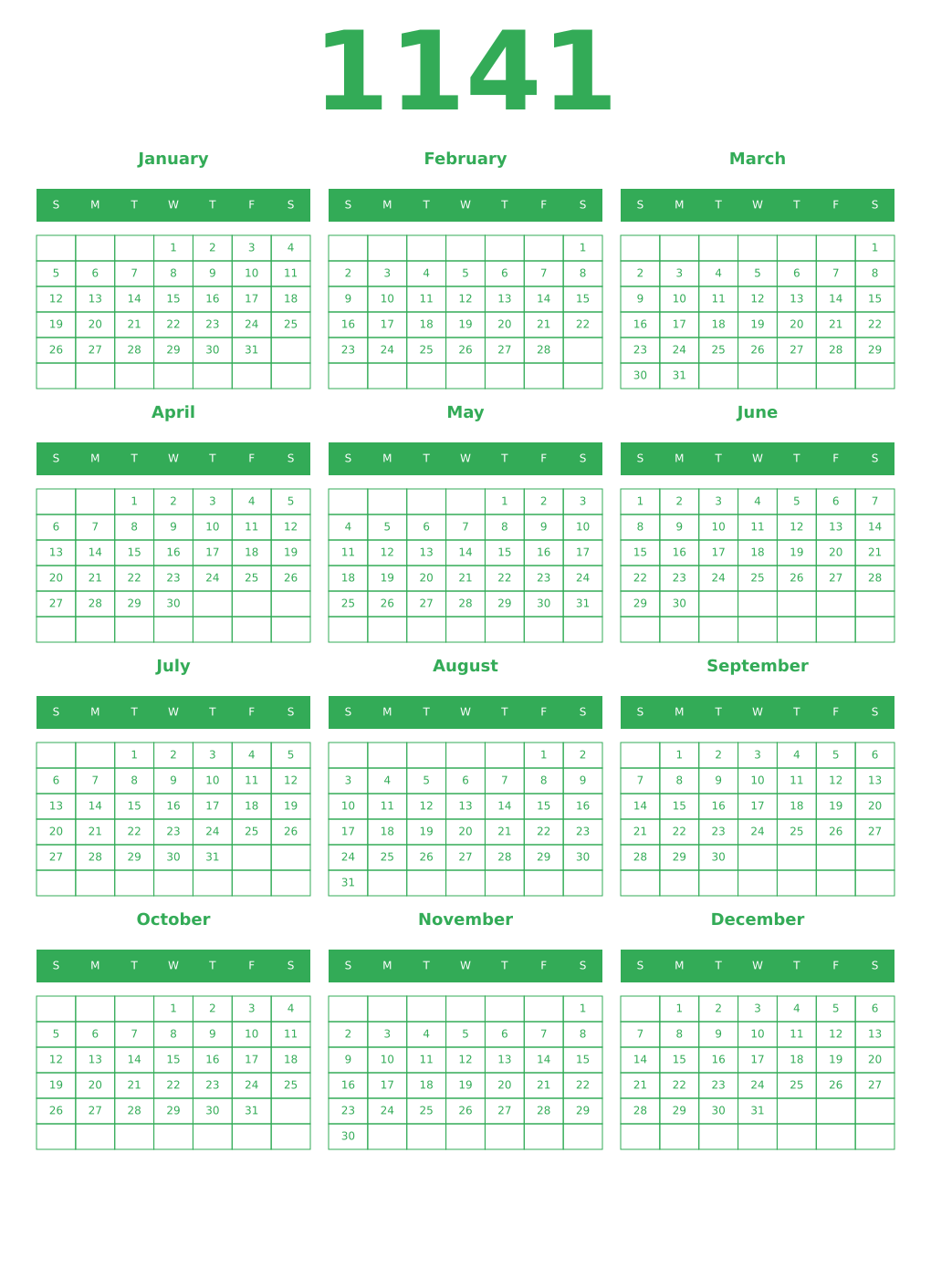 Printable 1141 Year Calendars green