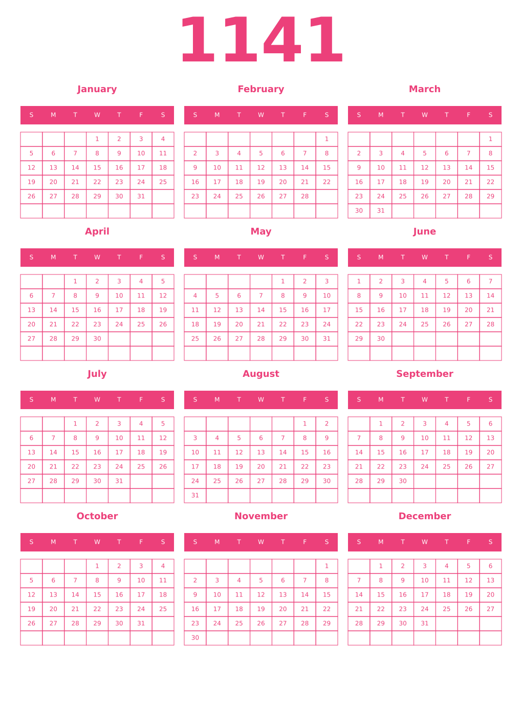 Printable 1141 Year Calendars pink