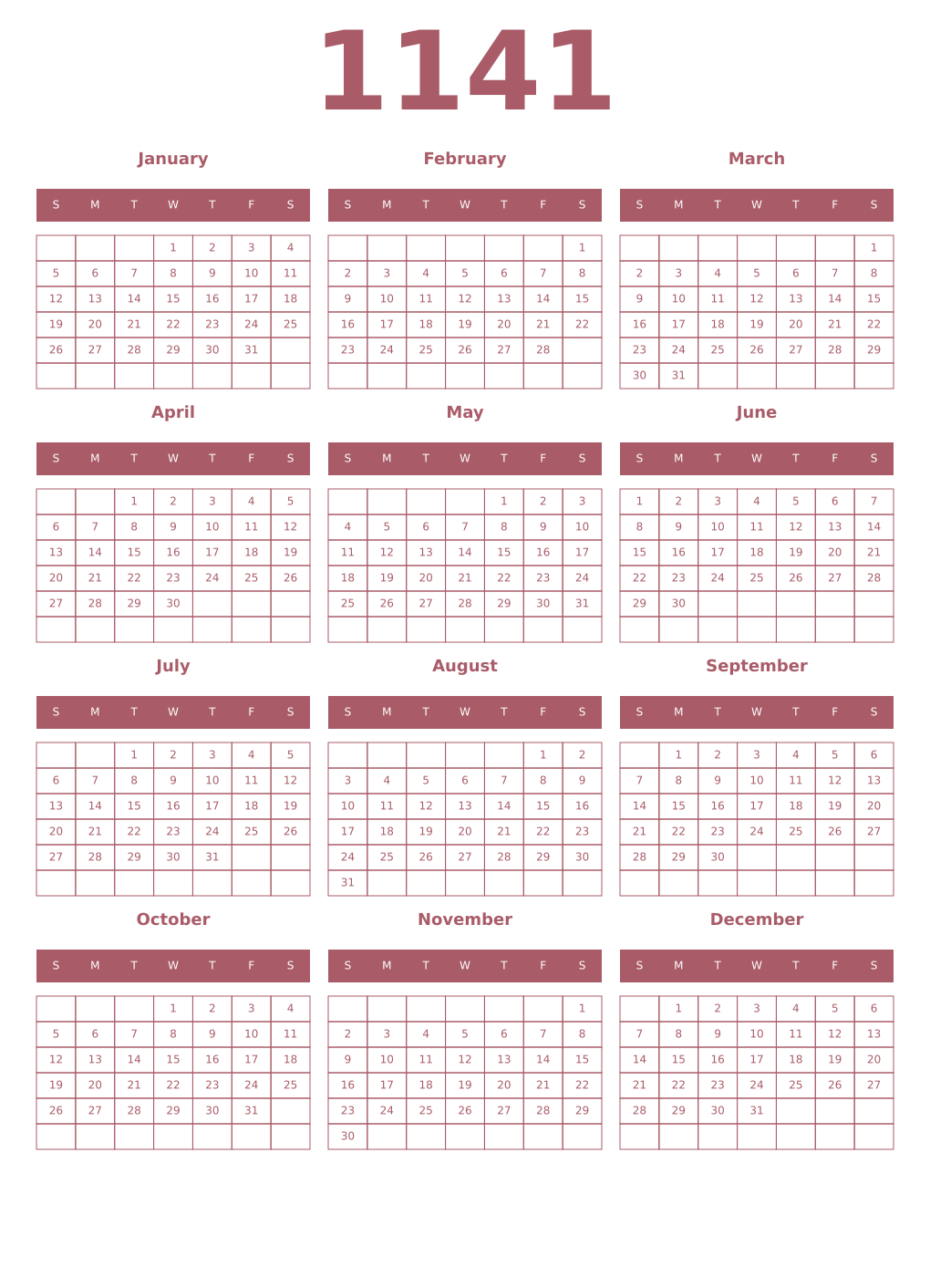 Printable 1141 Year Calendars puce