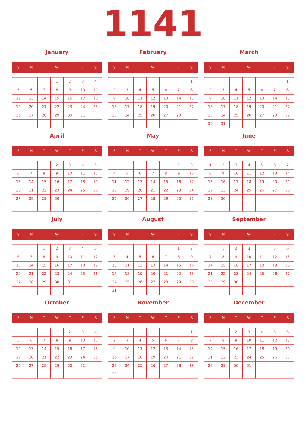 Printable 1141 Year Calendars red