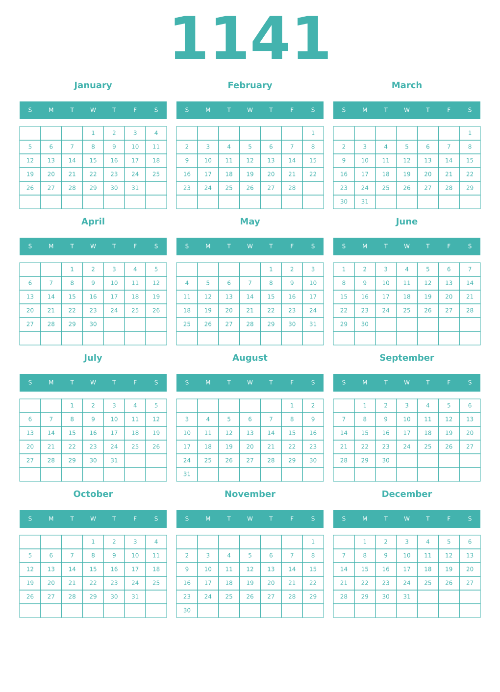 Printable 1141 Year Calendars verdigris