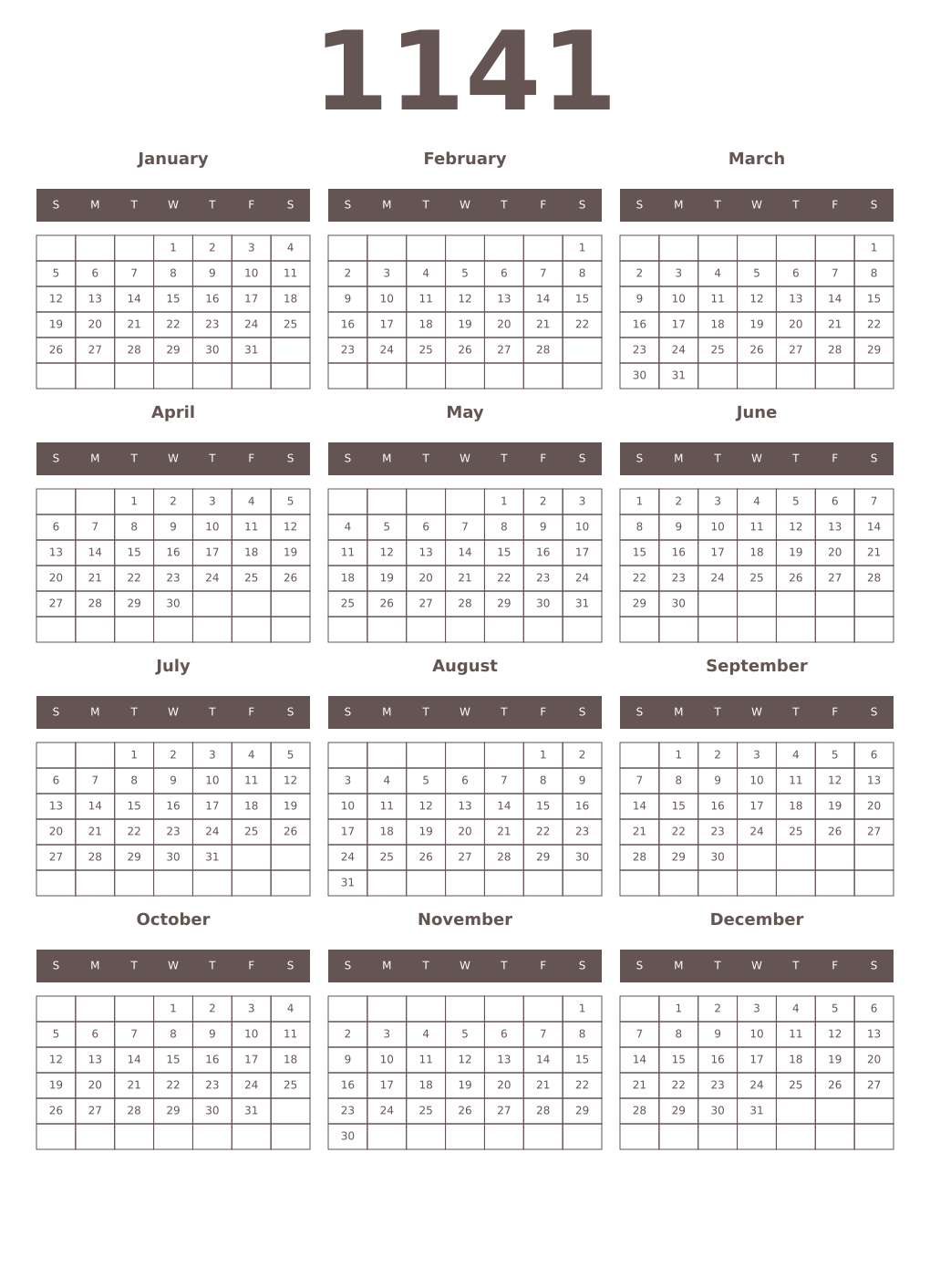 Printable 1141 Year Calendars wenge