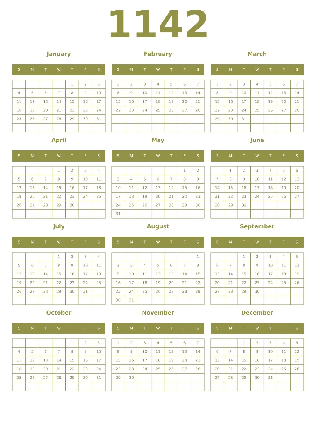 Printable 1142 Year Calendars eburnean