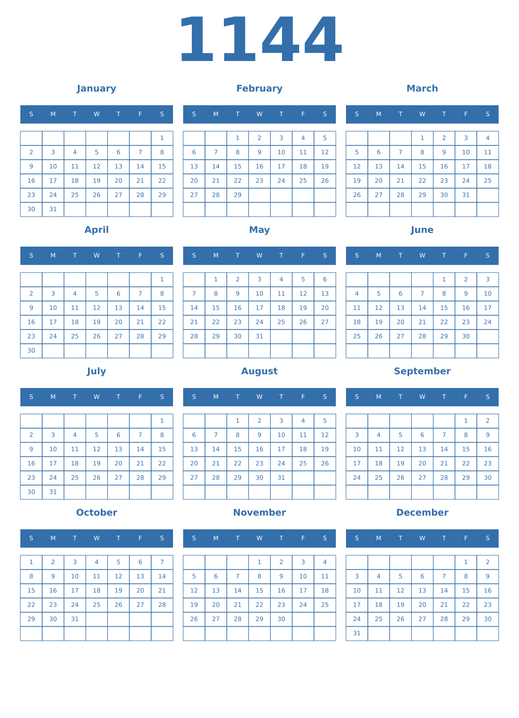 Printable 1144 Year Calendars blue