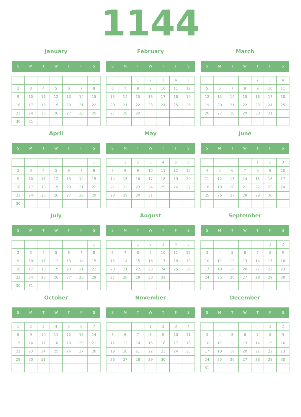 Printable 1144 Year Calendars celadon