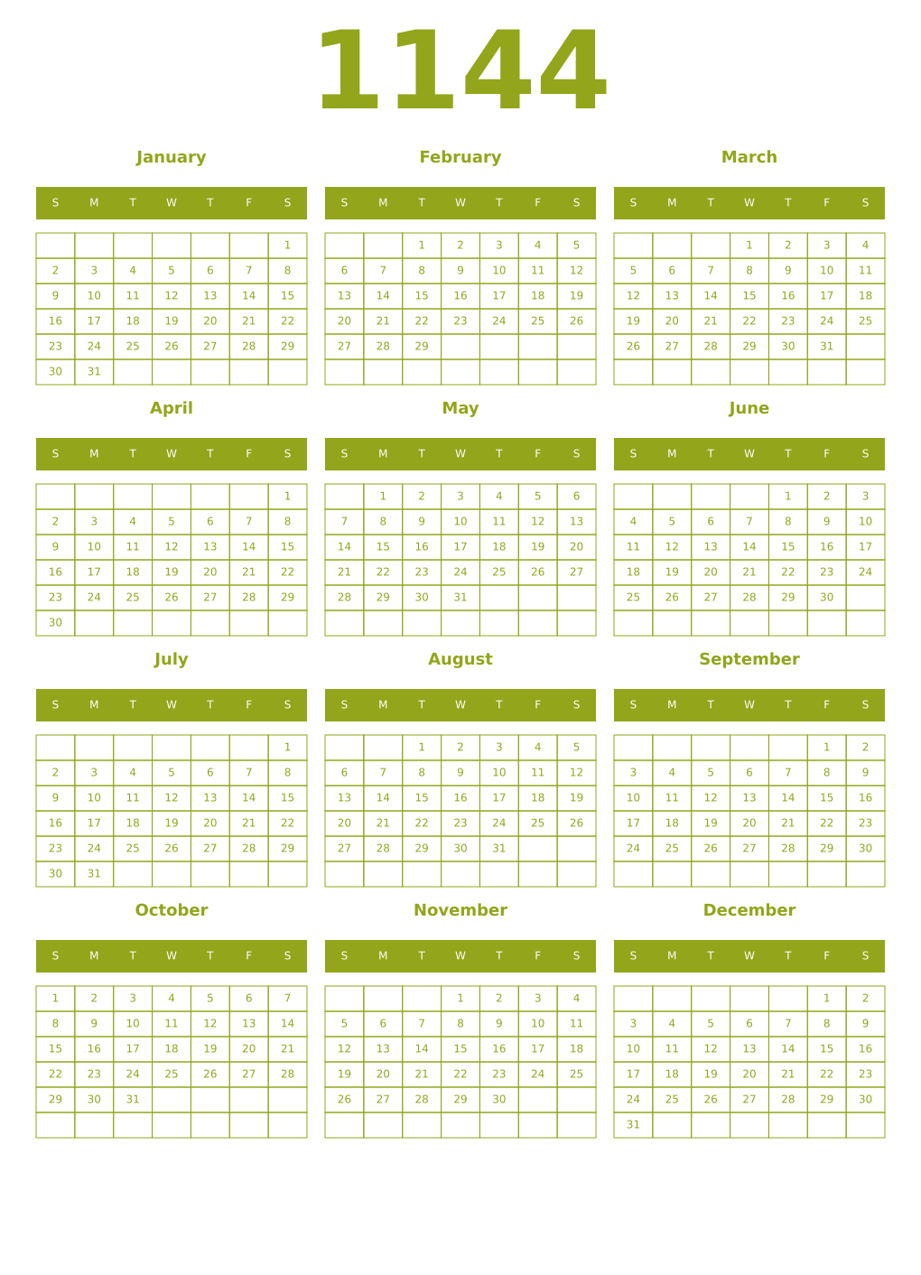 Printable 1144 Year Calendars chartreuse