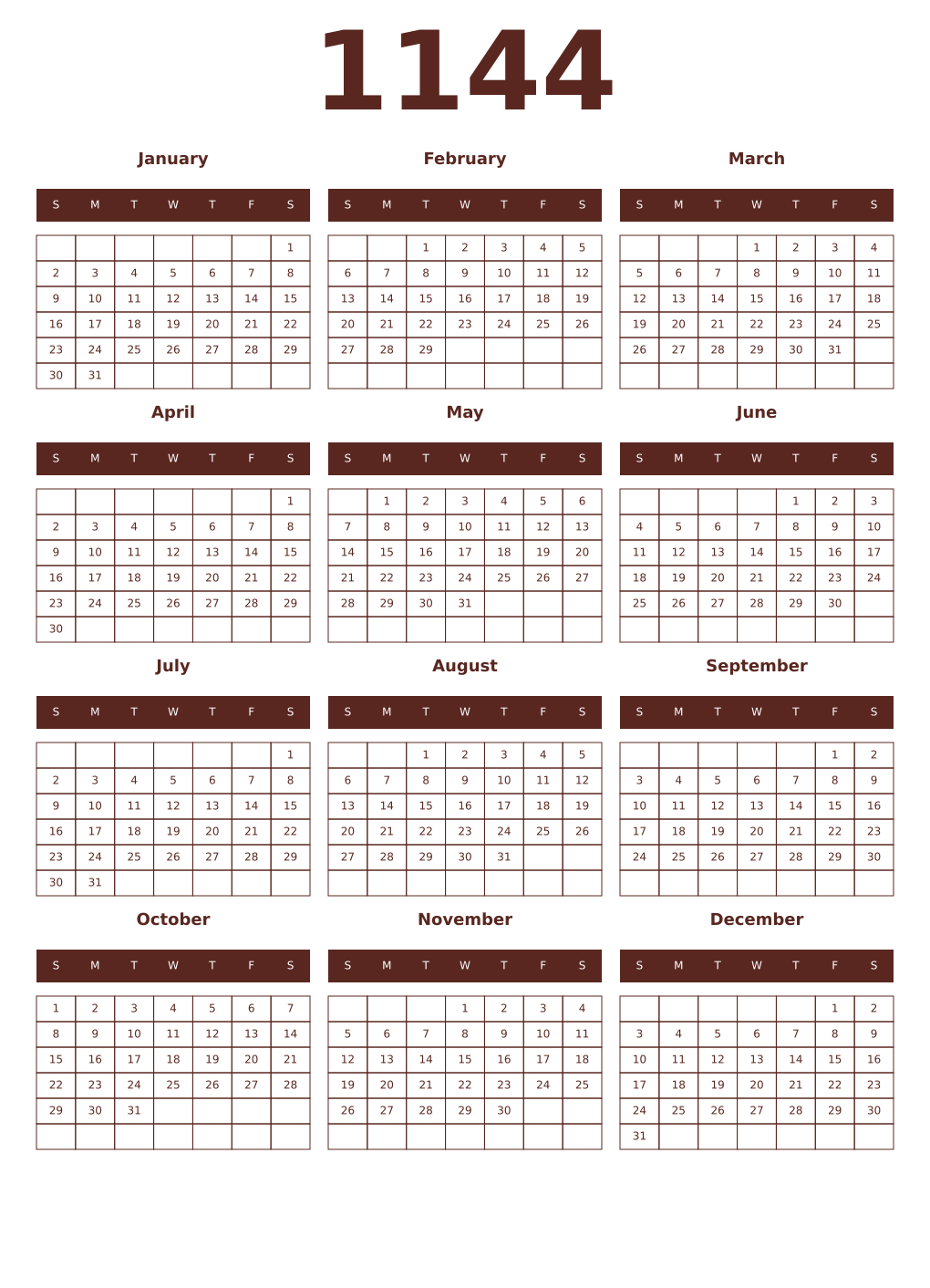 Printable 1144 Year Calendars mortuum