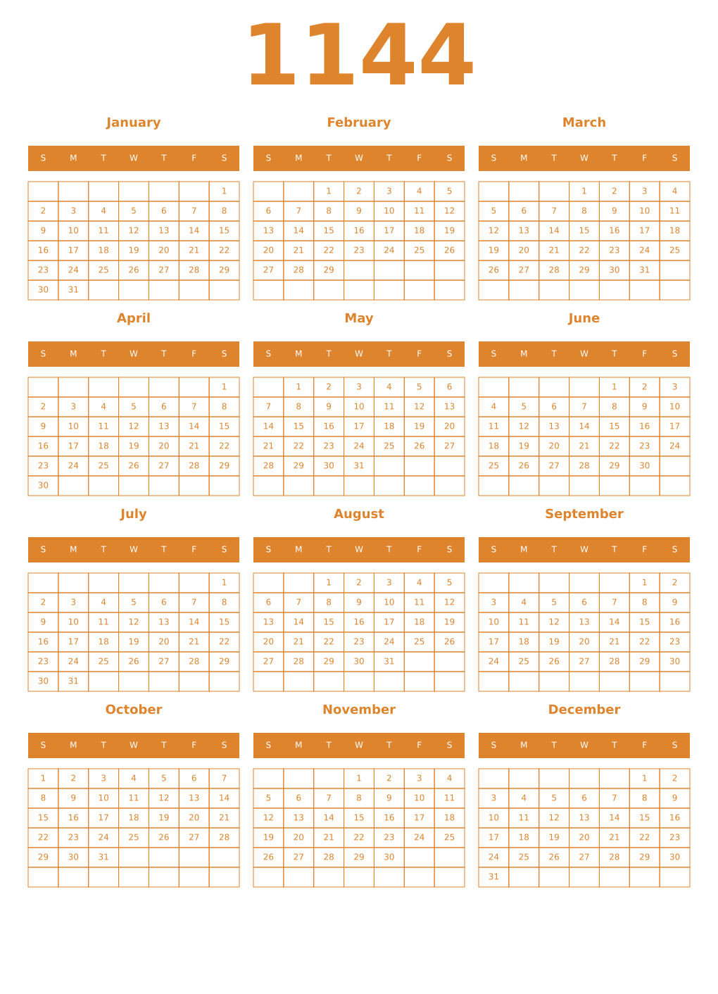 Printable 1144 Year Calendars orange