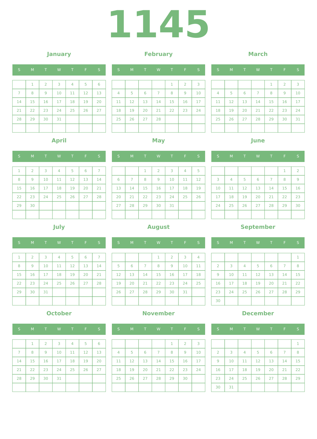 Printable 1145 Year Calendars celadon