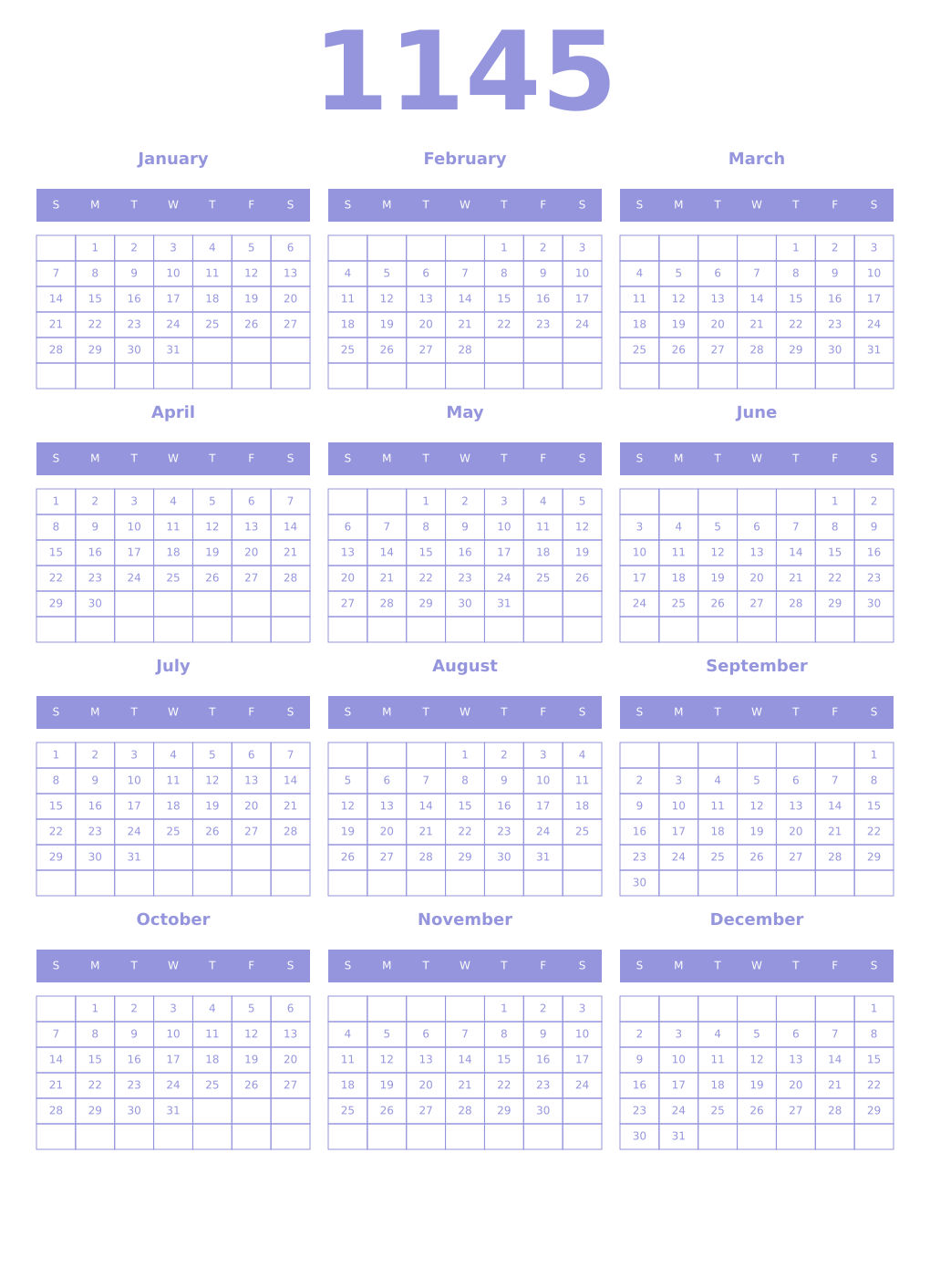 Printable 1145 Year Calendars periwinkle