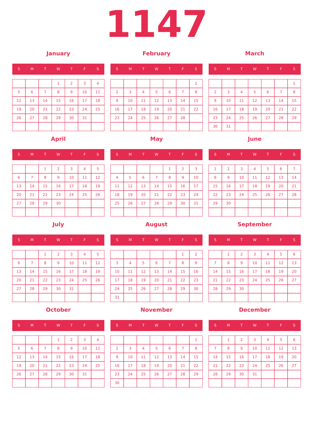 Printable 1147 Year Calendars amaranth