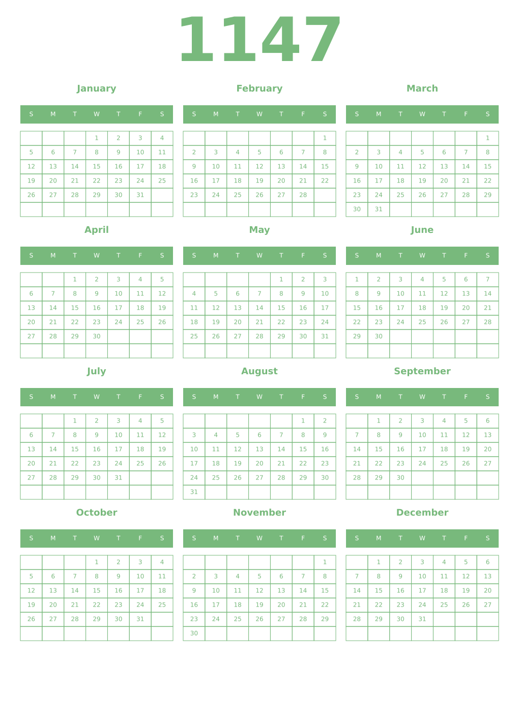 Printable 1147 Year Calendars celadon